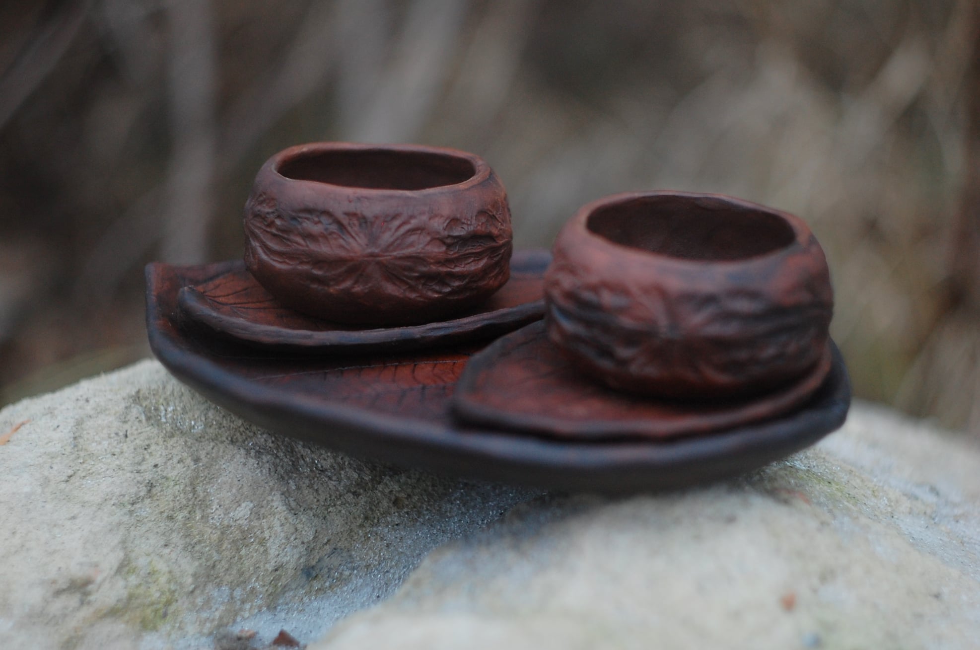Walnut set of two pottery clay mug and saucers