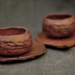 Handmade pottery mug set of 2 mugs "Walnut" w/  2 Leaf shaped saucers and one optional Leaf big plate